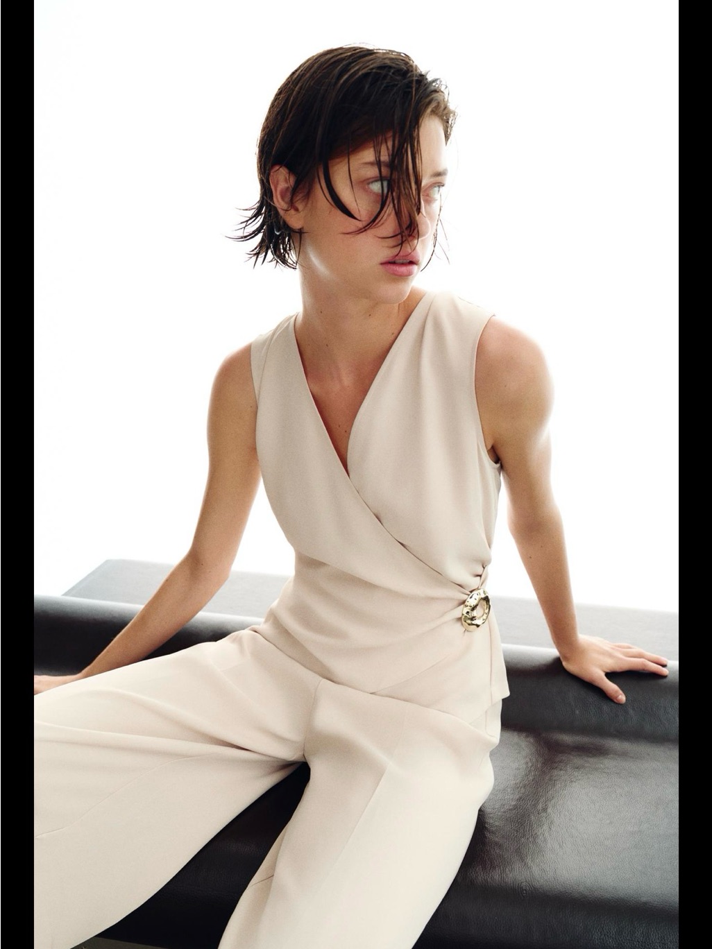 Zara Nwt Sleeveless Wrap Jumpsuit In Light Beige With Metal Detail Sz Large